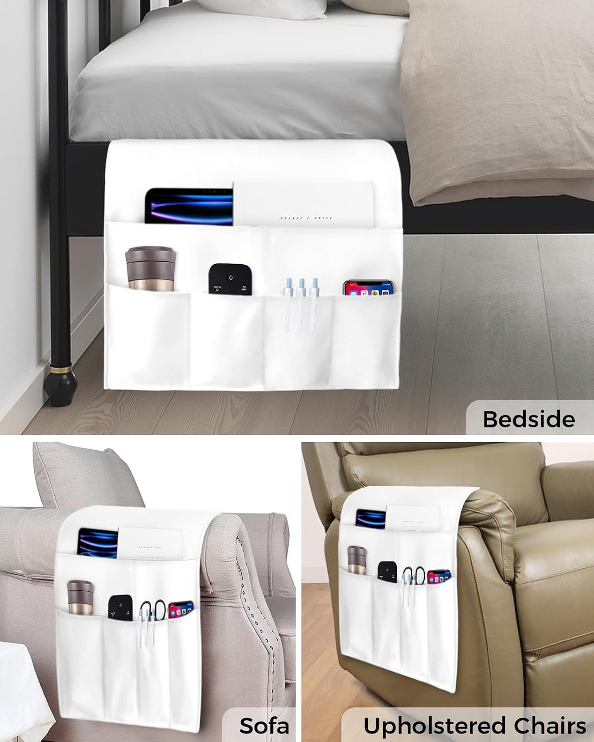 Sofa Armrest Organizer Bedside Caddy, White Non Slip Couch Remote Control Holder for Recliner, Pure White Arm Chair Caddy with Pocket for Magazine, Phone, 19.7''x35''