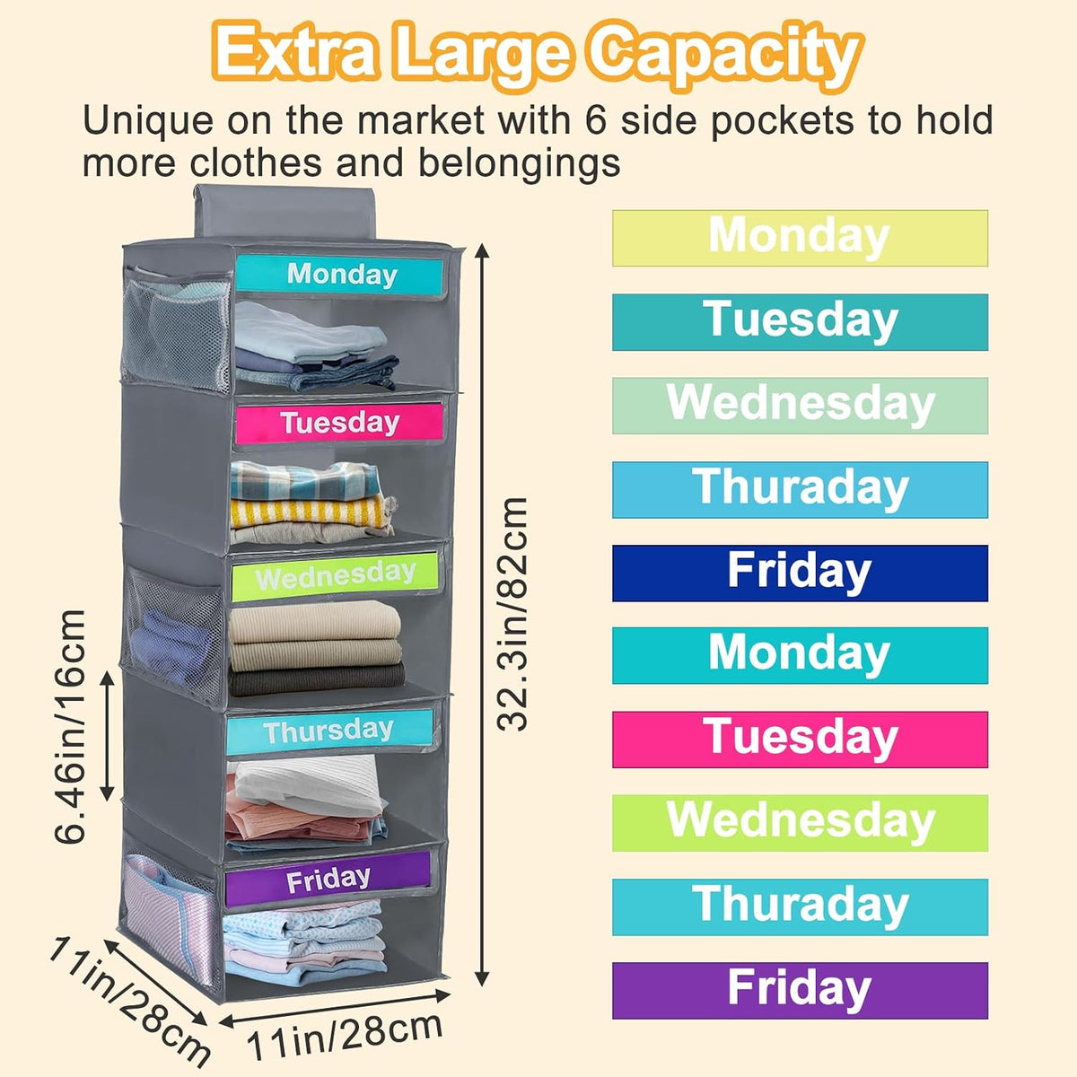 Weekly Clothes Organizer for Kids, Days of The Week Clothes Organizer with 6 Side Pockets, 5-Shelf Hanging Closet Organizer with Monday Through Friday Labels, Weekly Clothing Divider (Dark grey-2Pcs)