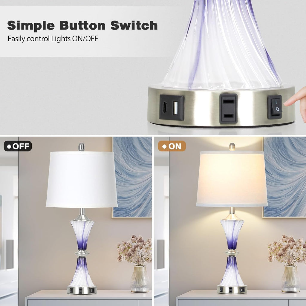 Rinweey Purple Glass Table Lamp Set of 2 with USB C+A Ports & AC Outlet, Bedside Lamp, Modern Bedroom Lamps, Crystal Lamp for Night Stands Bedroom Living Room,Nightstand Lamp LED Bulbs Included
