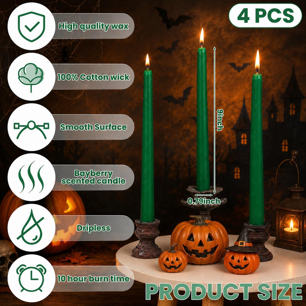 Conelist 4 Pcs 9" Christmas Bayberry Taper Candles, Green Dripless Beeswax