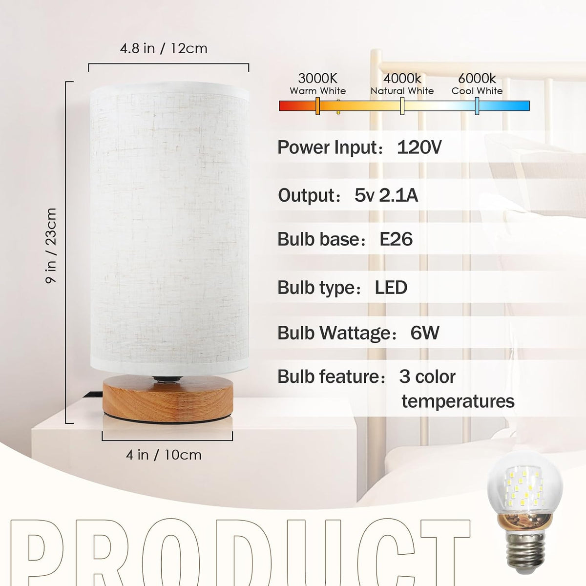 Minimalist Bedside Table Lamps for Bedrooms Set of 2, 3 Color Temperature Bedside Lamps with Round Fabric Linen Shade,Small Desk Lamp Night Nightstand Lamp Set for Living Room, Reading ,Office