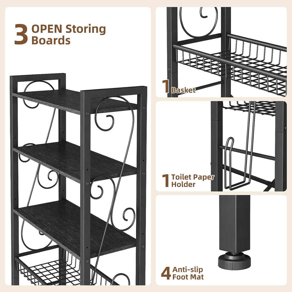 Over-The-Toilet Storage Rack 4-Tier,Bathroom Organizer Shelf Over Toilet,Adjustable Wooden Shelves and Basket,Freestanding Above Toilet Shelf,Space Saver for Rooms(Black Rack-Black Shelves)