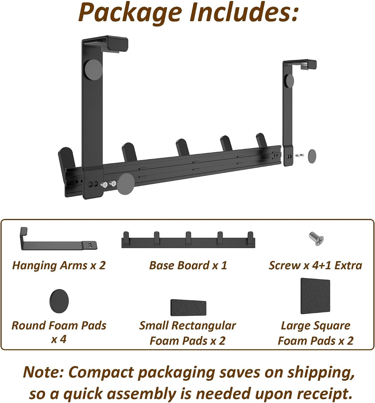 KitchLife Over The Door Hooks - Heavy Duty 5-Hook Organizer, 80lb Total Capacity for Robes, Coats & Towels, Fits 1 3/4" Doors, L18U, Gap-Free & Scratch-Free Design, Matte Black,1-Pack