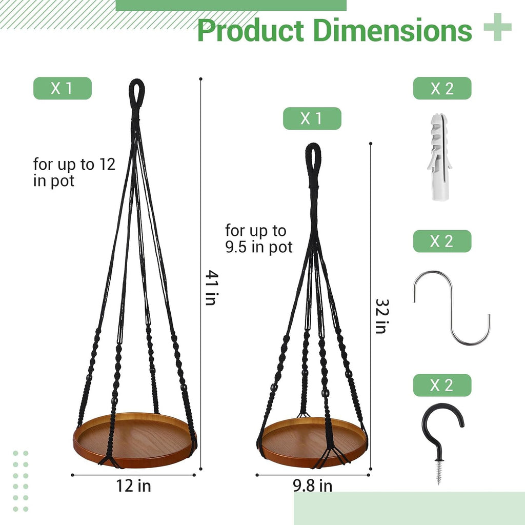 2 Pack Macrame Plant Hanger, 41'' & 32'' Plant Hanger Indoor Set with 12'' & 9.8'' Wood Trays, Bohemian Hanging Planter with Hooks for Living Room Window, Home Decor