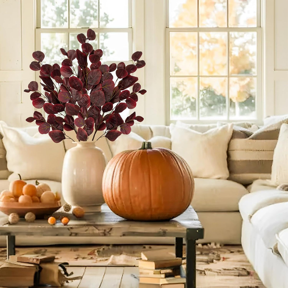 Hollyone 3Pcs Fall Eucalyptus Stems Artificial Eucalyptus Leaves Branches Fake Fall Flower Arrangements Red Leaf Long Stems Plants Autumn Faux Shrubs Bushes Thanksgiving Festival Decorations Burgundy