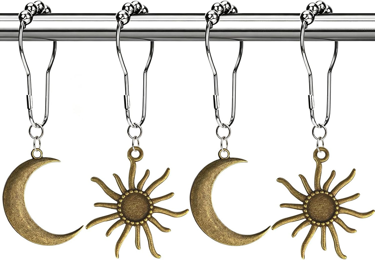 CHICTIE Boho Sun Moon Shower Curtain Hooks, Antique Bronze Celestial Decorative Shower Curtain Rings, Vintage Metal Sun & Crescent Moon Hooks Hangers for Bathroom Shower Curtain, Set of 12