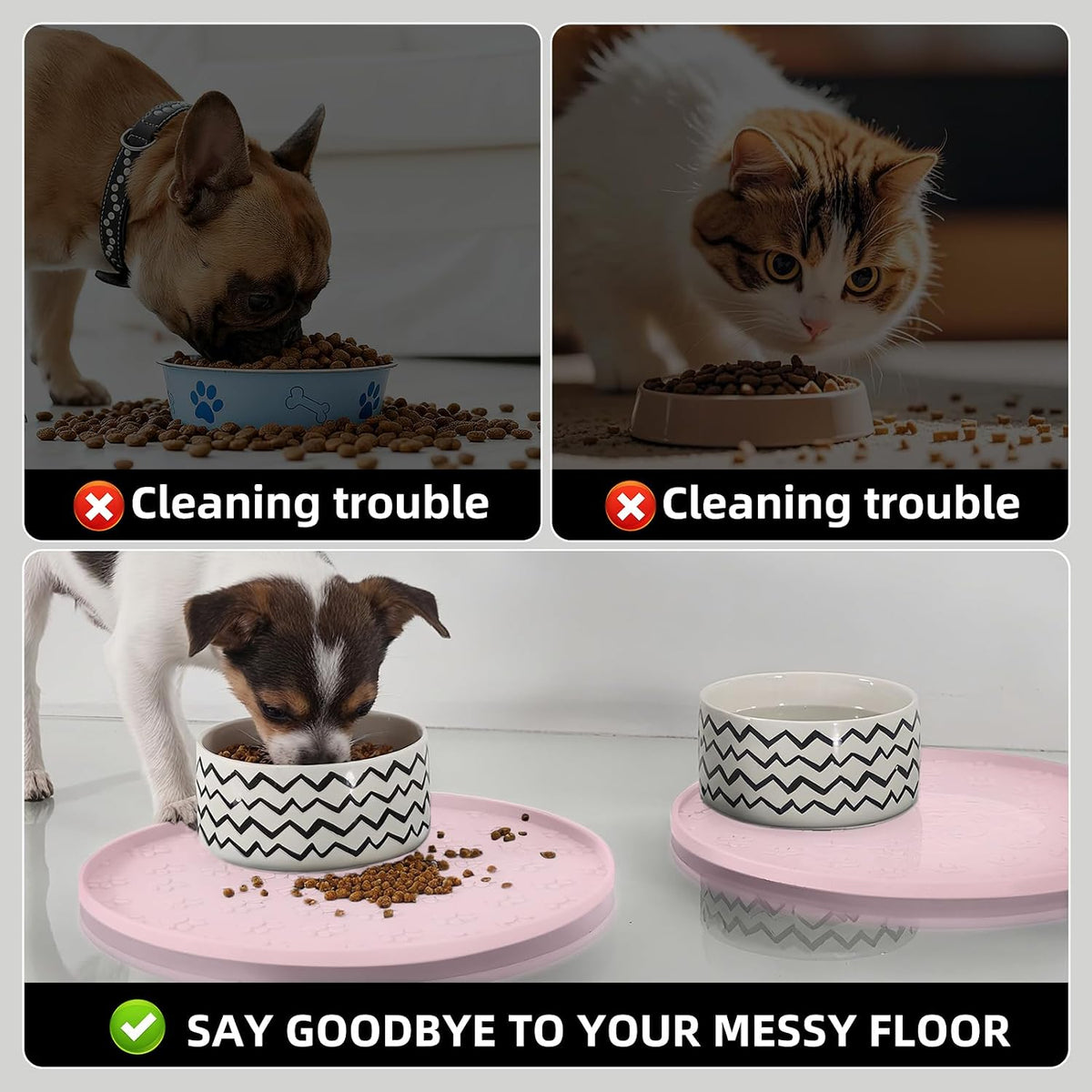 Comtim Waterproof Dog Food Mat - 2 Pack Silicone Pet Food Mat Dog Food Bowl Mats Cat Water Mats Eating Tray, Non-Slip Pet Placemat with Lip for Messy Drinkers to Protect Floor,Pink 11"×11"
