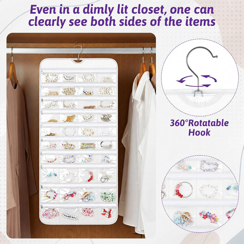 2 Pack Hanging Jewelry Organizer with 80 Zippered Pockets (White)