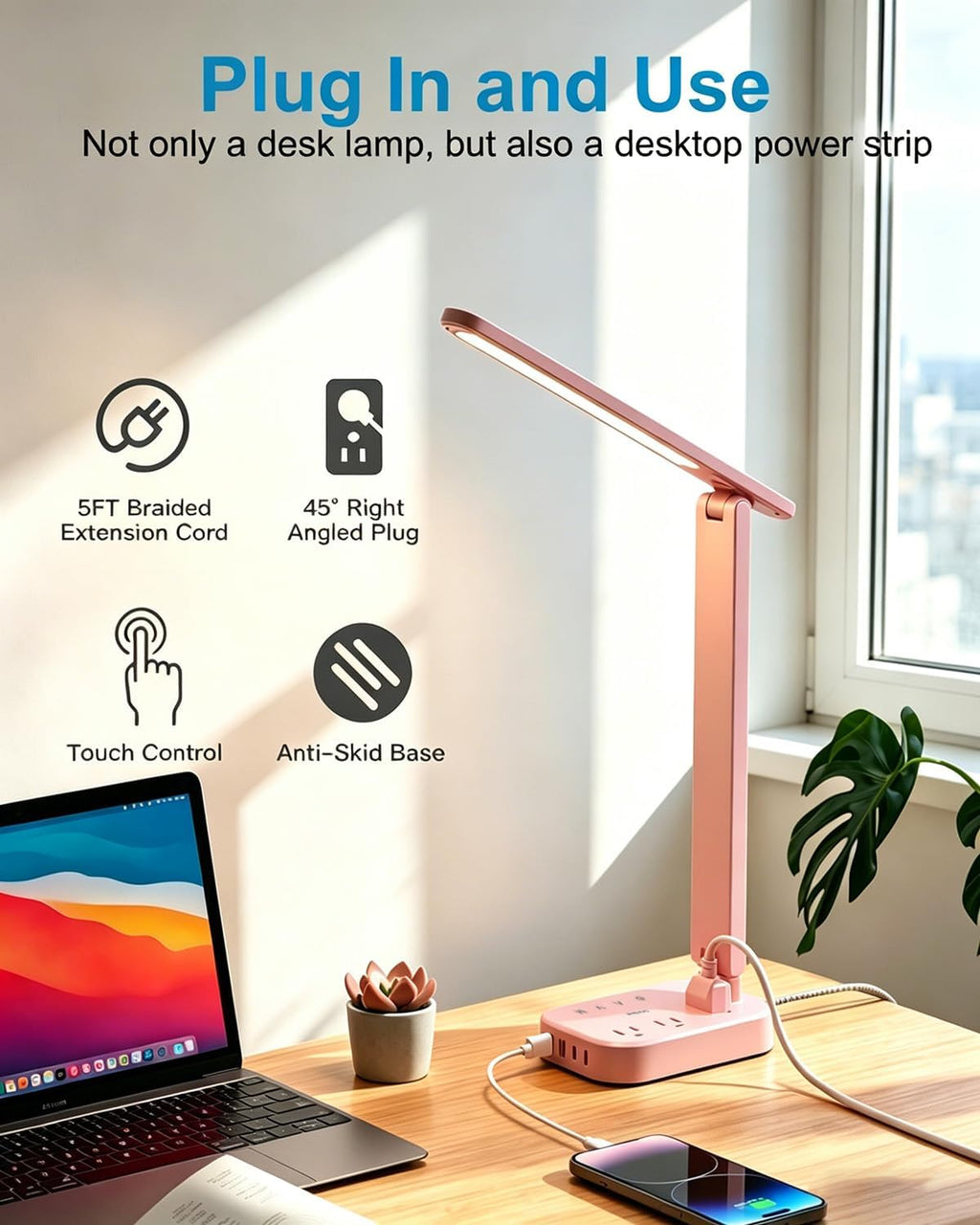 LED Desk Lamp, Power Strip with 4 USB 3 Outlets, Dorm Room Essentials, Pink