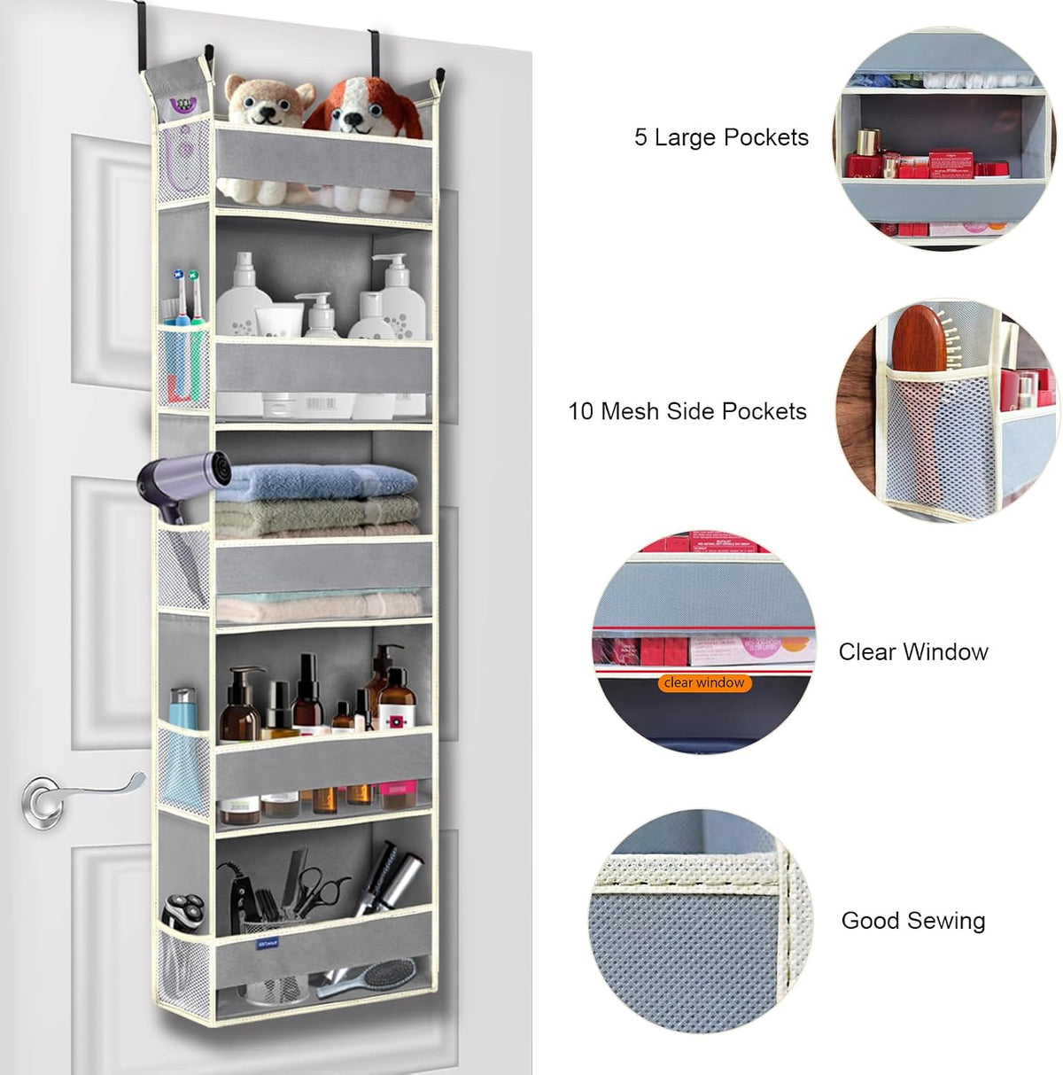 Over The Door Organizer 5-Shelves and 10 Side Pockets, Over The Door Storage for Bathroom Bedroom Nursery, Hanging Door Organizer for Baby Diapers and Kids Toys (13"x5"x44", Grey)
