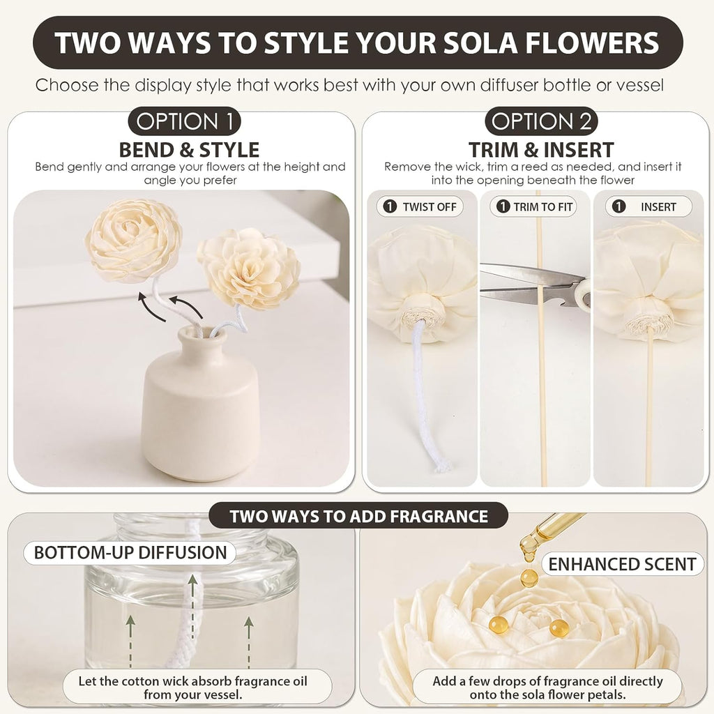 Reed Diffuser Set with 7 Sola Wood Flowers & Fiber Diffuser Sticks