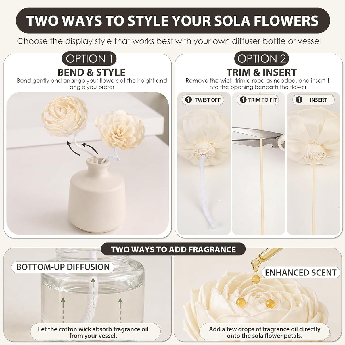 Reed Diffuser Set with 7 Sola Wood Flowers & Fiber Diffuser Sticks