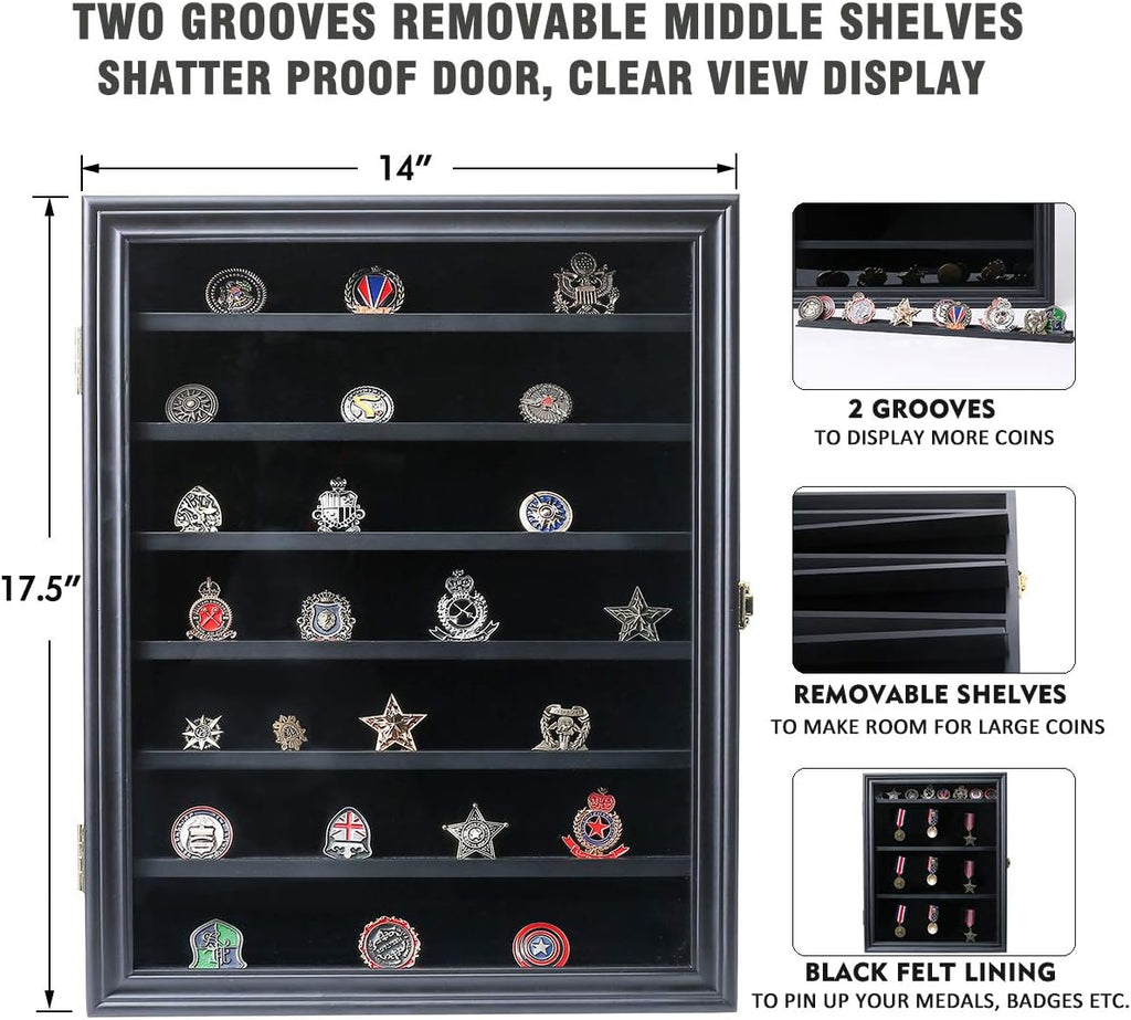 Military Challenge Coin Display Case Lockable Wooden Cabinet Rack Holder