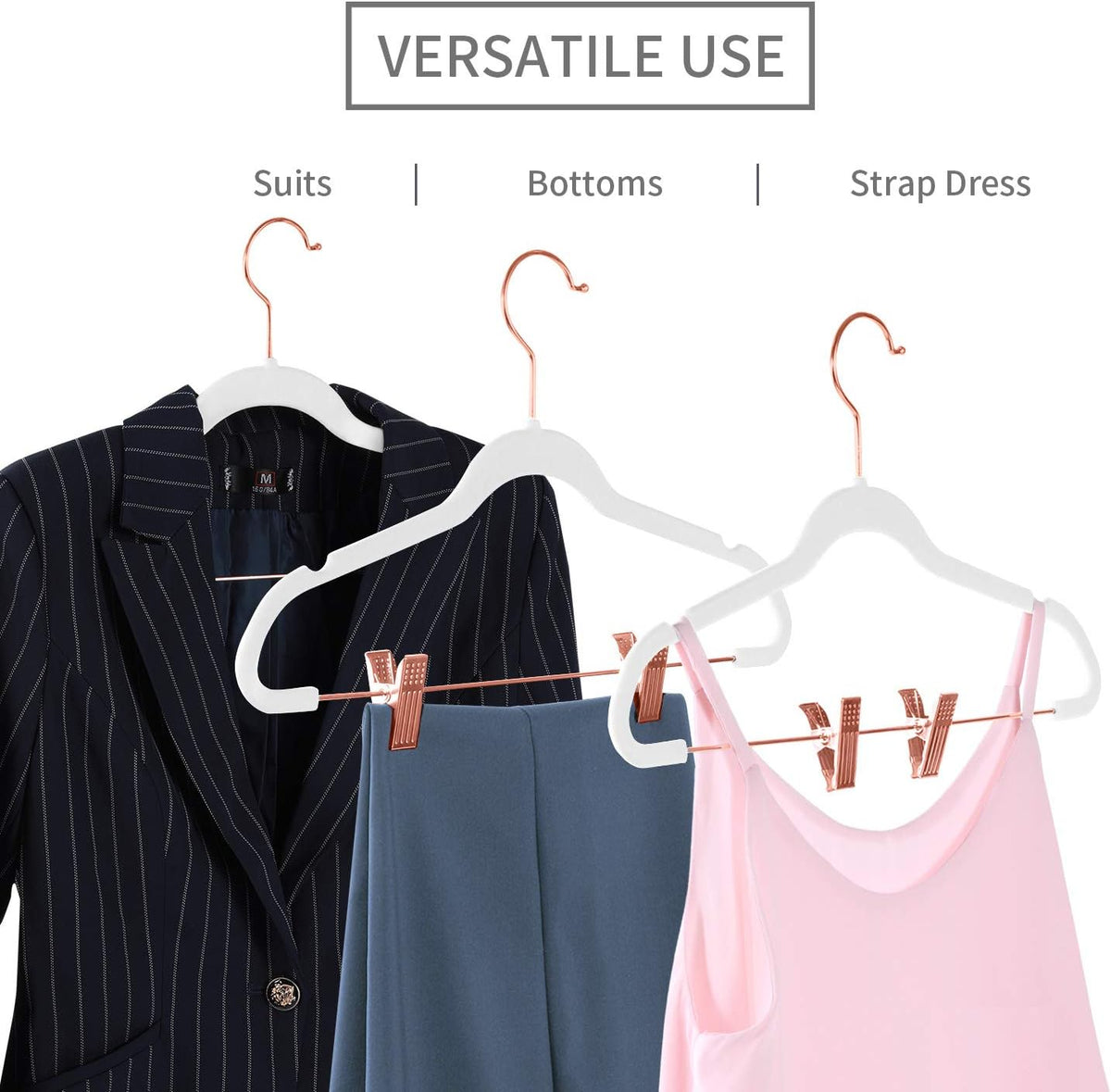 MIZGI Premium Velvet Pants Hangers with Clips (Pack of 20) Slim Skirt Hangers- Non Slip Felt Outfit Dress Hangers White - Copper/Rose Gold Hooks,Space Saving Shirt Clothes Hangers