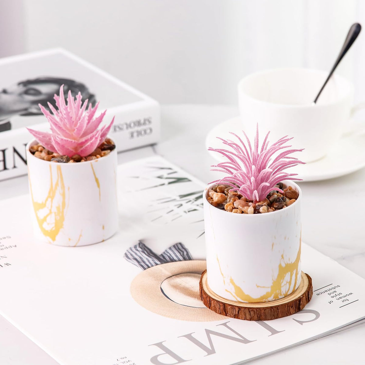 Der Rose 4 Pack Pink Fake Plants in Gold Accent Pots for Office Desk Decor