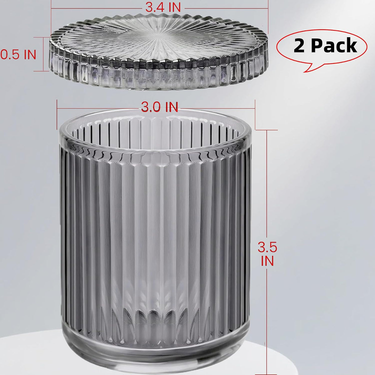 2‑Pack Gray Ribbed Glass Qtip Holder, Vanity & Bathroom Makeup Storage