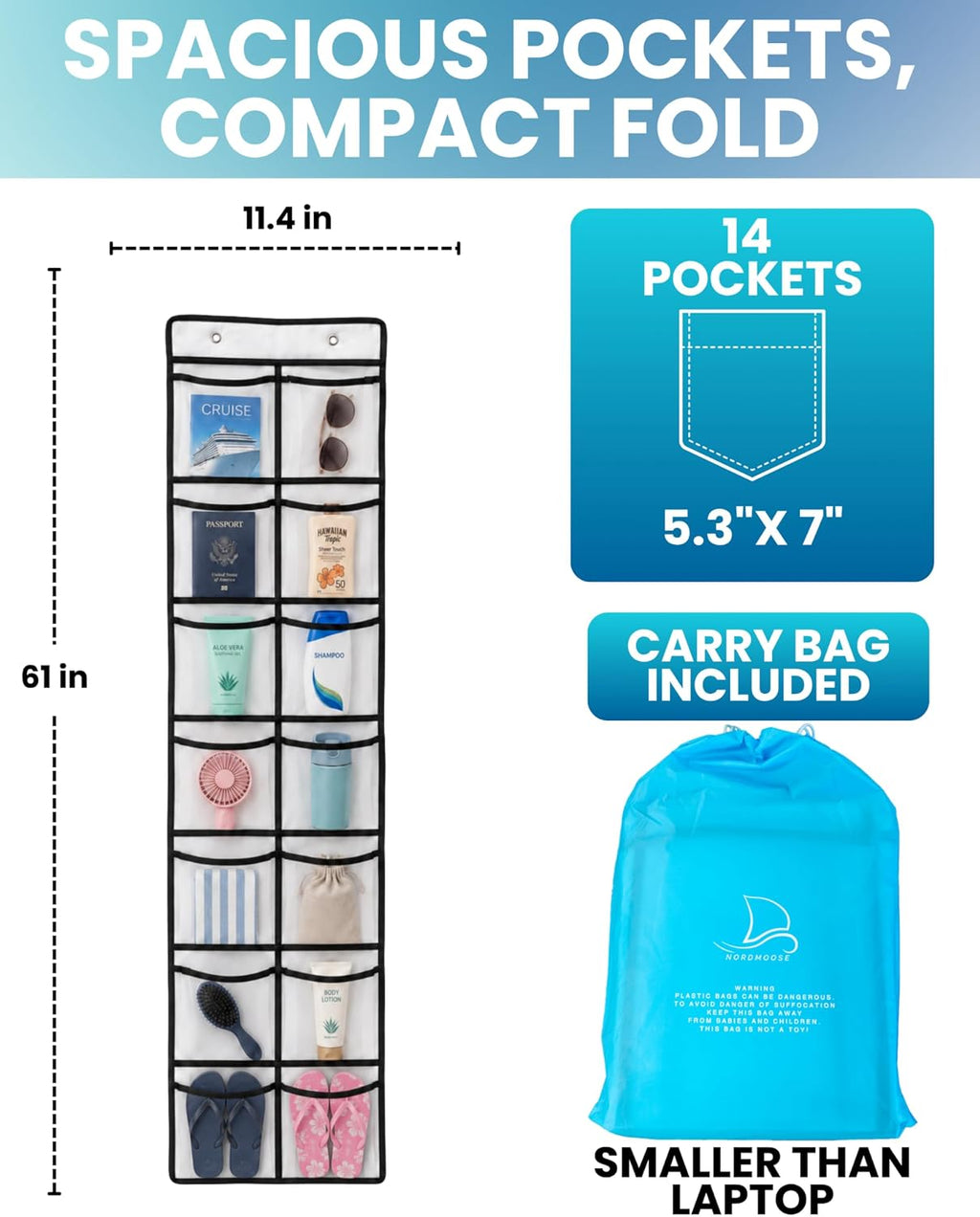 Magnetic Cruise Organizer 14 Pockets, 61" x 11,4" With Pocket Size 7" x 5,3" - Over The Door Organizer For Cruise Ships, Magnetic + Hook Mount, Large Durable Pockets for Cruise Essentials 2026