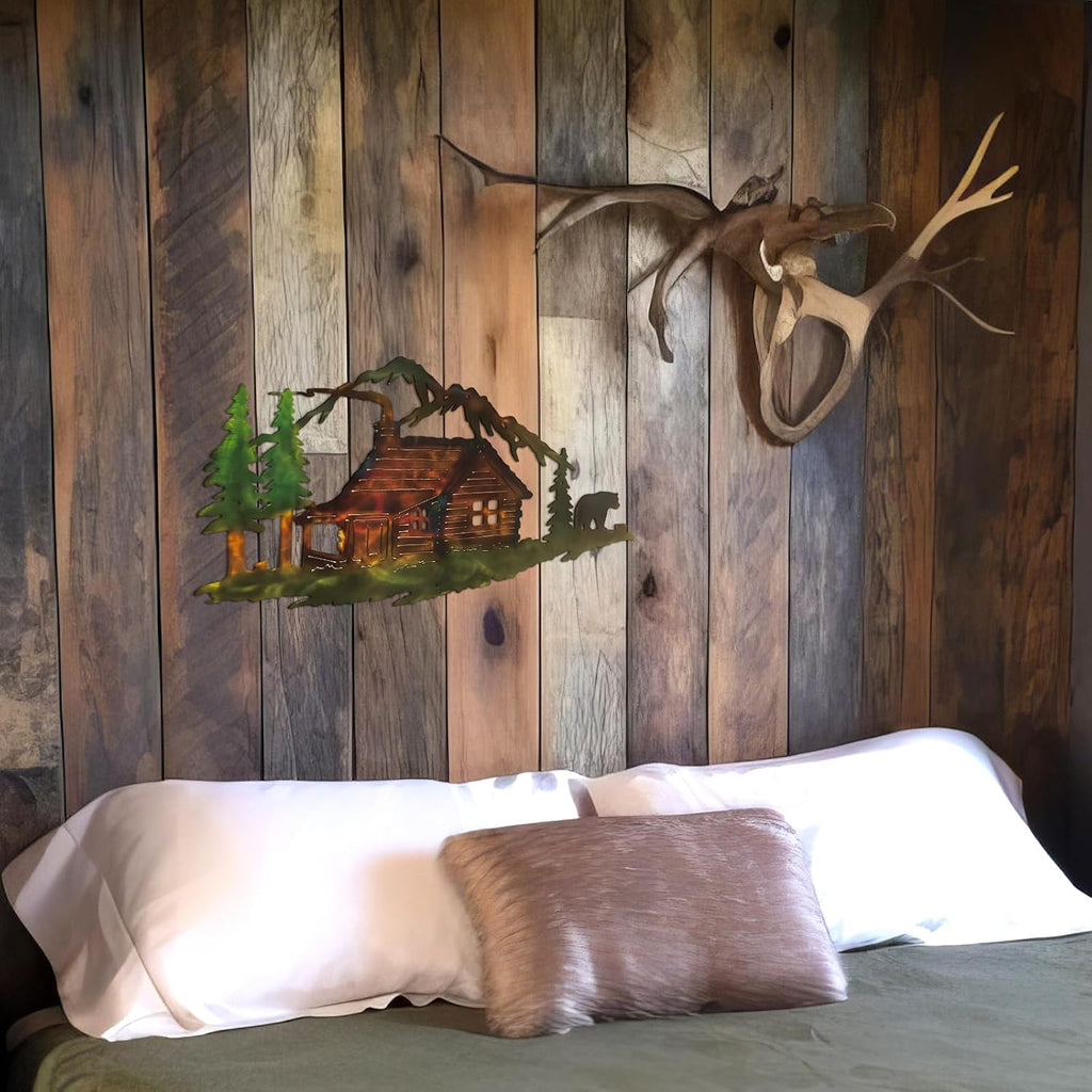 MorningRo Metal Cabin Bear Wall Art Farmhouse Forest Mountain Lodge Wall Decor Rustic Animal Hunting Decor Cabin Decorations Bear Lover Gifts for Home Bedroom Decoration, 13.78 x 7 Inch