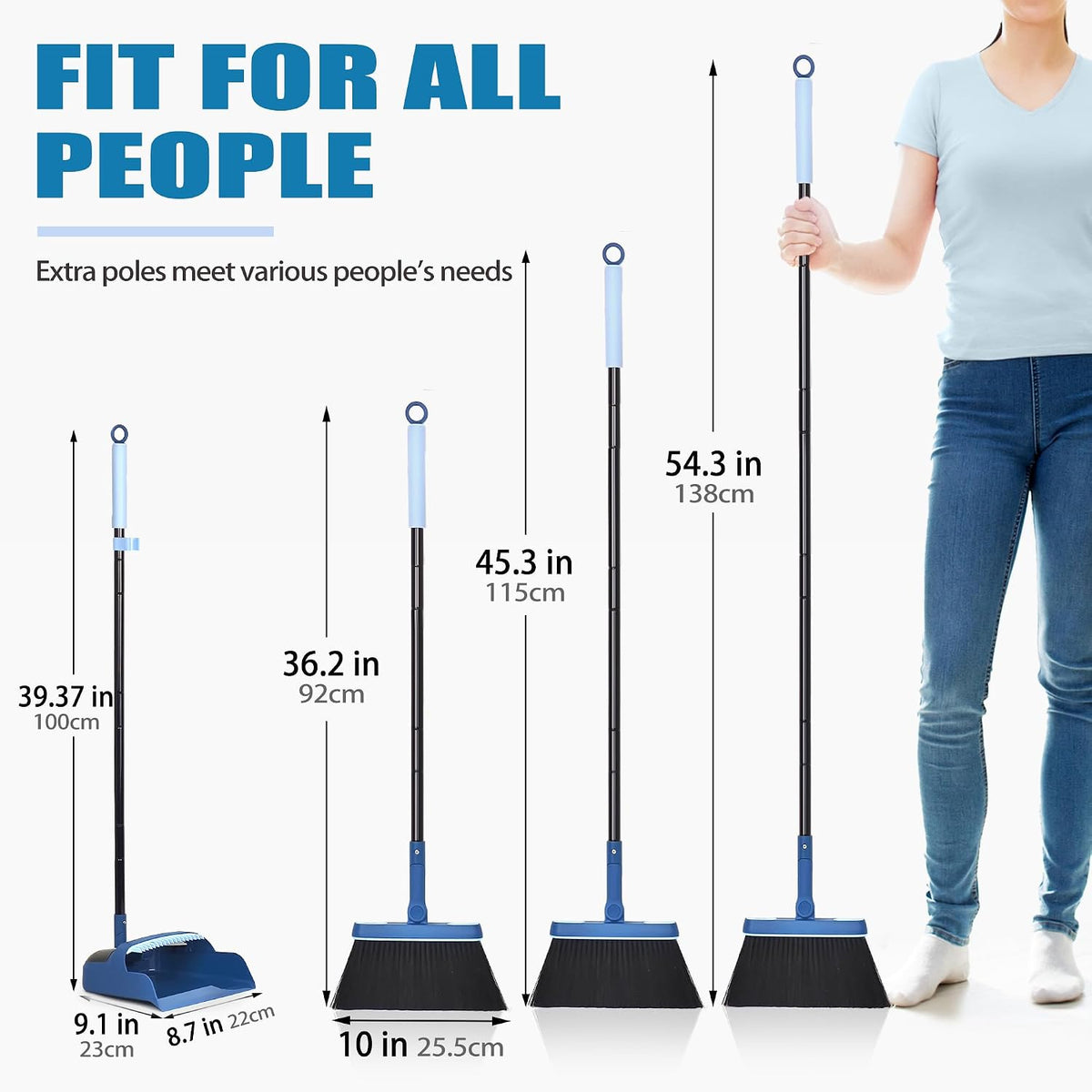 JEHONN Dustpan and Brush Set, 54 inches Long Handle Swivel Broom, Upright Foldable Dust Pan with Comb Teeth for Home Kitchen Lobby Indoor Floor Cleaning(Blue)