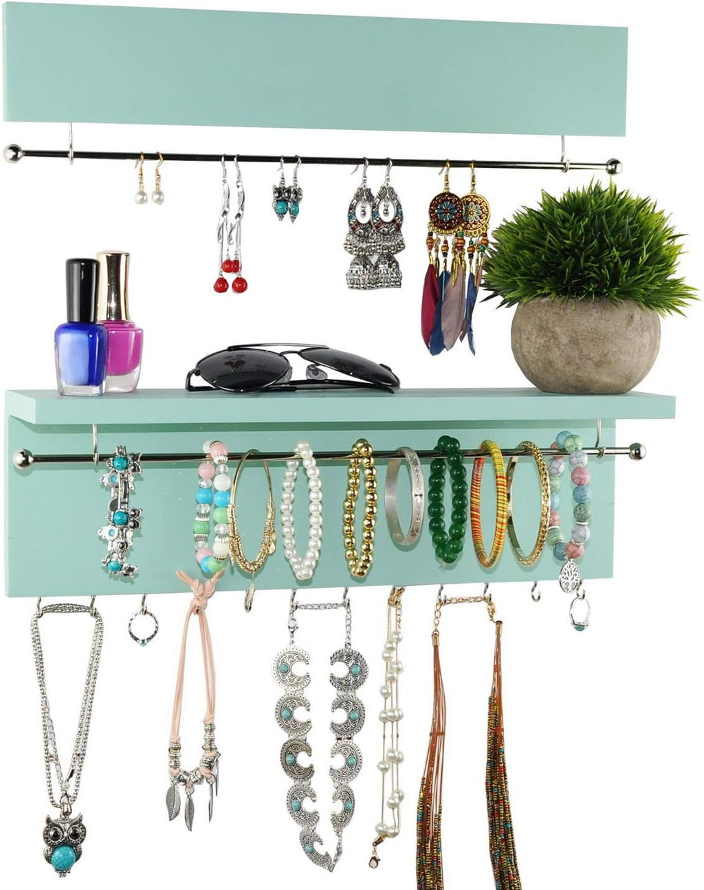 Wall-Mounted Jewelry Organizer - Wood Turquoise - Necklace Holder with Removable Metal Bar - Earrings Bracelets Hooks - Shelf Storage