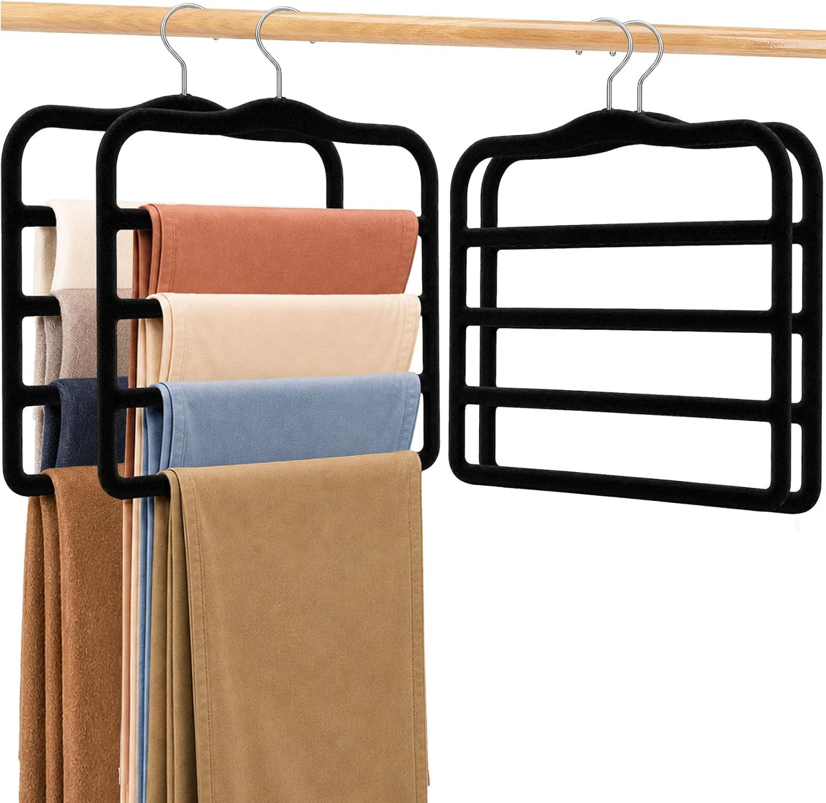 Velvet Pants Hangers Space Saving, Multi-Tier Closet Organizers for Jeans Trousers Skirts Scarves, Non-Slip Vertical Storage for College Dorm & Apartment Essentials (4 Pack-Black)
