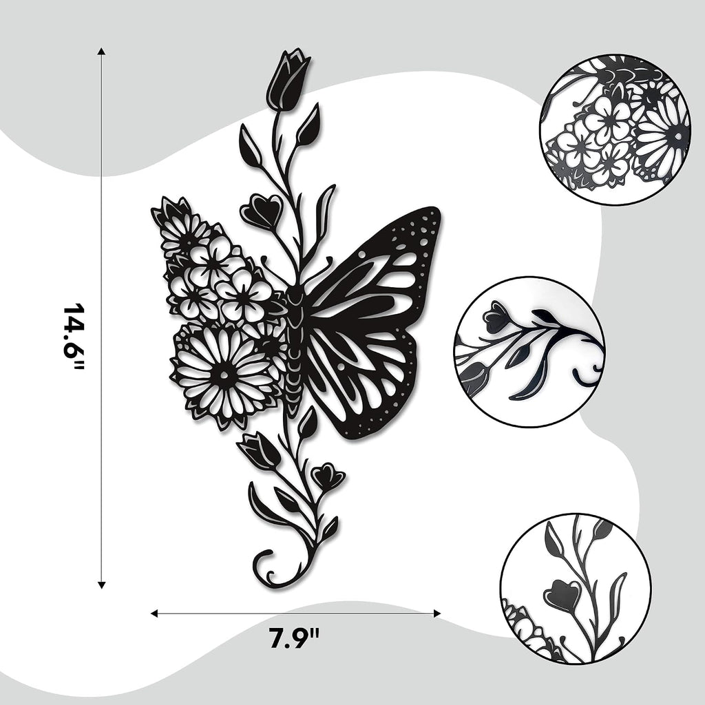 Rajukit Butterfly Flower Metal Wall Art Black for Living Room