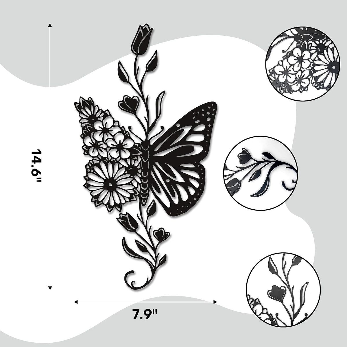 Rajukit Butterfly Flower Metal Wall Art Black for Living Room