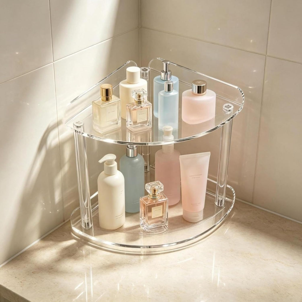 2 Tier Acrylic Bathroom Counter Organizer Corner Storage Shelf Vanity Trays