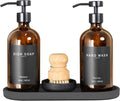 Ronasip Set of 5 Kitchen Soap Dispenser Set 16 Oz Glass Hand Dish Soap Dispenser with Stainless Steel Pump, Cement Tray, Dish Scrub Brush for Farmhouse Rustic Home Bathroom Decor (Brown)