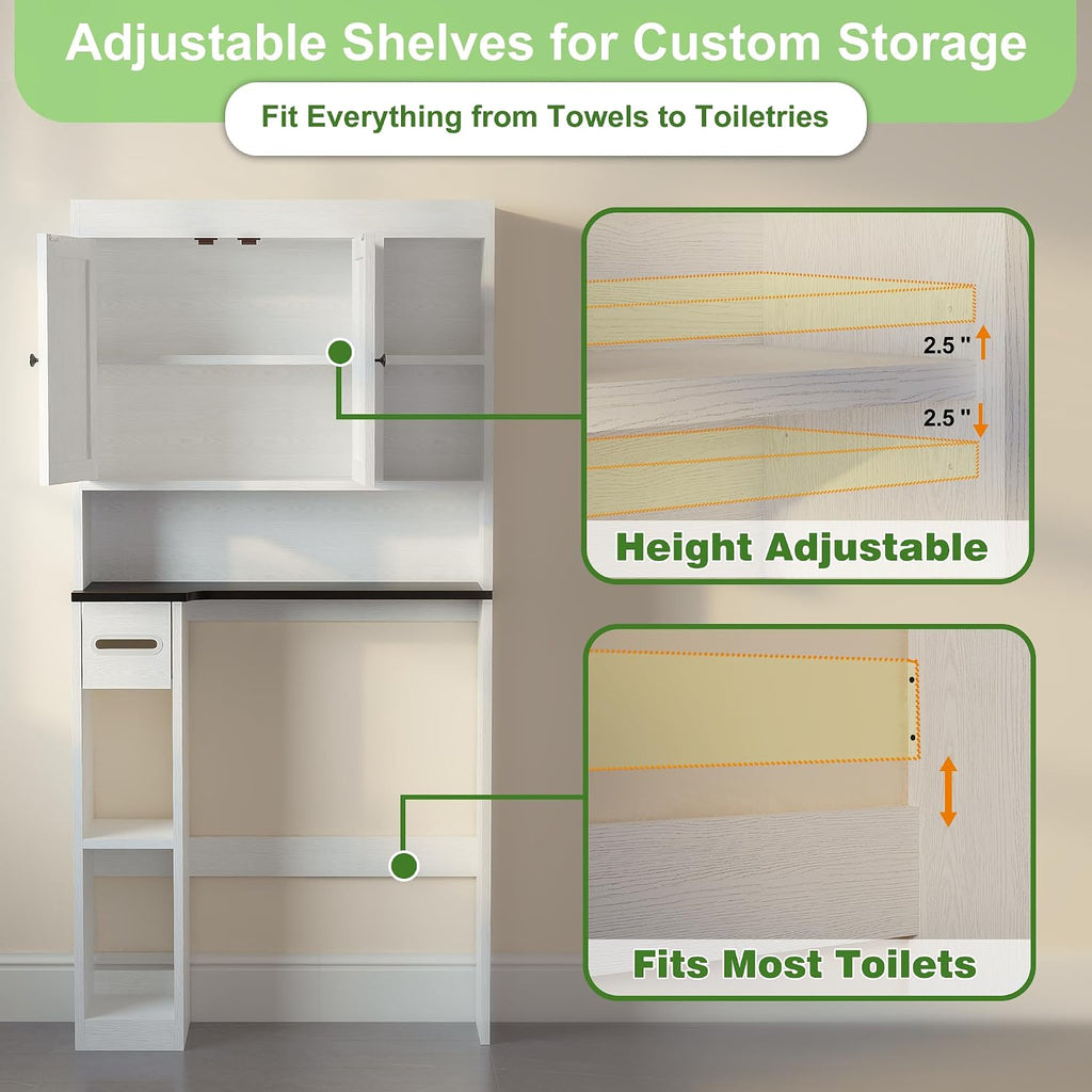 Over The Toilet Storage Cabinet with 7 Shelves, Imitation Walnut Grain Above Toilet Bathroom Organizer with Toilet Paper Holder Stand, Space Saver for Restroom, Laundry, Bathroom (White)