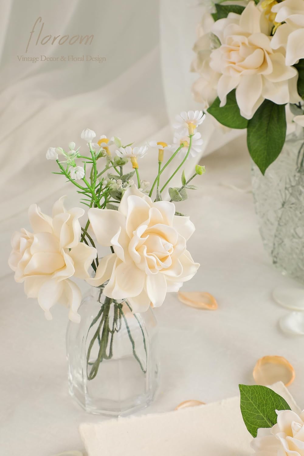 Floroom Artificial Gardenia Flowers 2.7" 25pcs Real Looking Cream Foam Fake Flowers with Stems for DIY Wedding Bouquets Bridal Shower Centerpieces Floral Arrangements Party Tables Home Decorations
