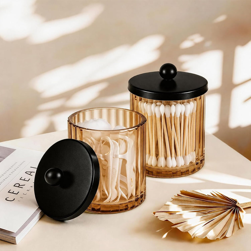 Amolliar Amber Glass Qtip Holder, Apothecary Jar for Bathroom(Black 2 Pack)