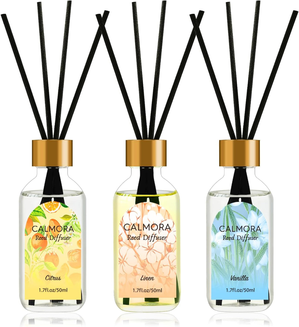 CALMORA Reed Diffuser Set of 3, 50ml Citrus/Linen/Vanilla Scented Oil Diffuser with 15 Sticks | Home Fragrance for Bedroom, Bathroom, Office & Living Room for Women Men