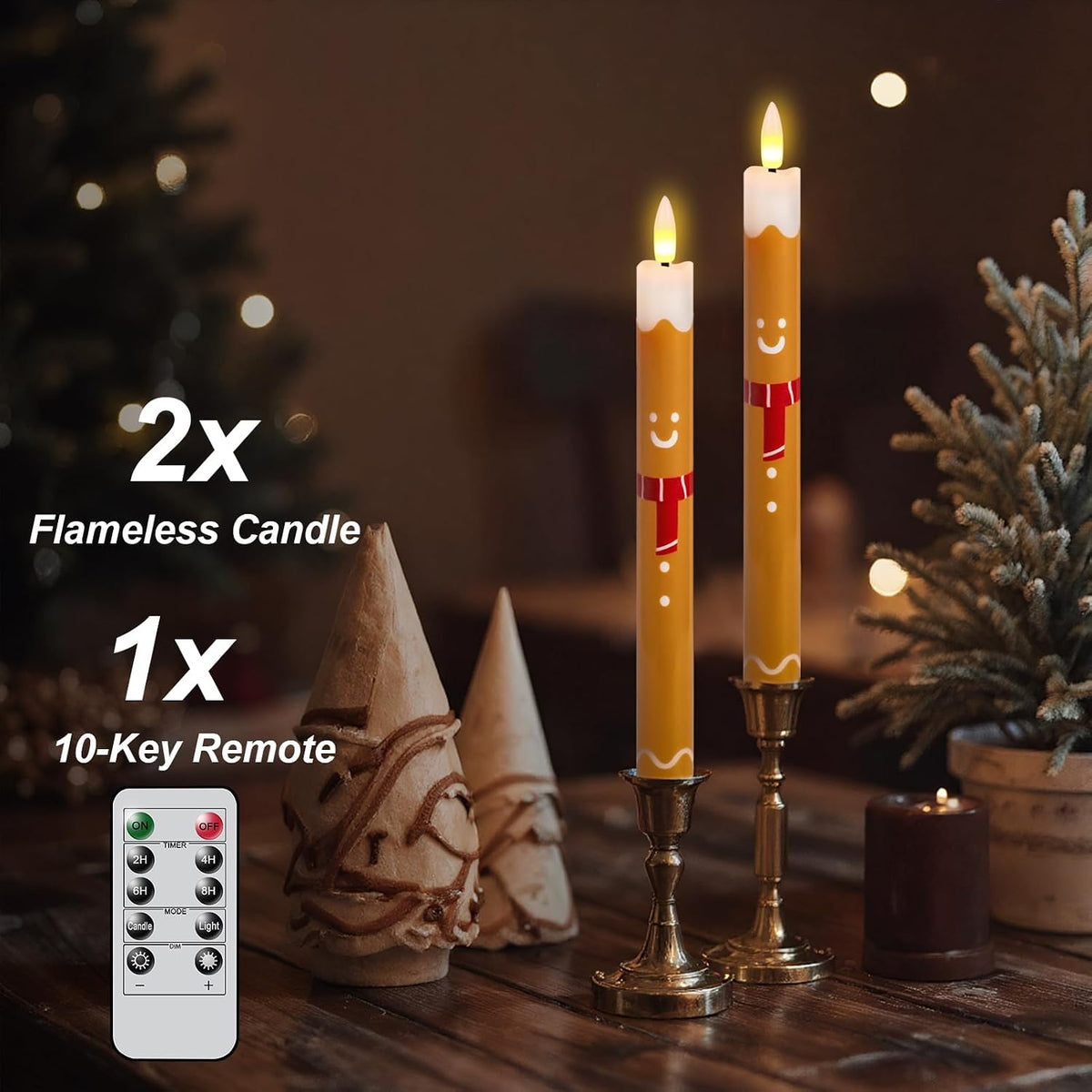 Gingerbread Man Christmas Flameless Taper Candles with Remote
