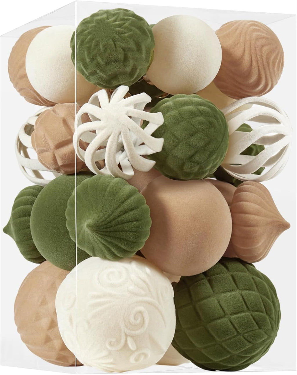 30pcs Velvet Christmas Ball Ornaments, Flocked Shatterproof Christmas Ornaments Hanging Xmas Tree Decorations Set for Home Party Holiday Decor (Multi-Size, Brown-Green-Cream)