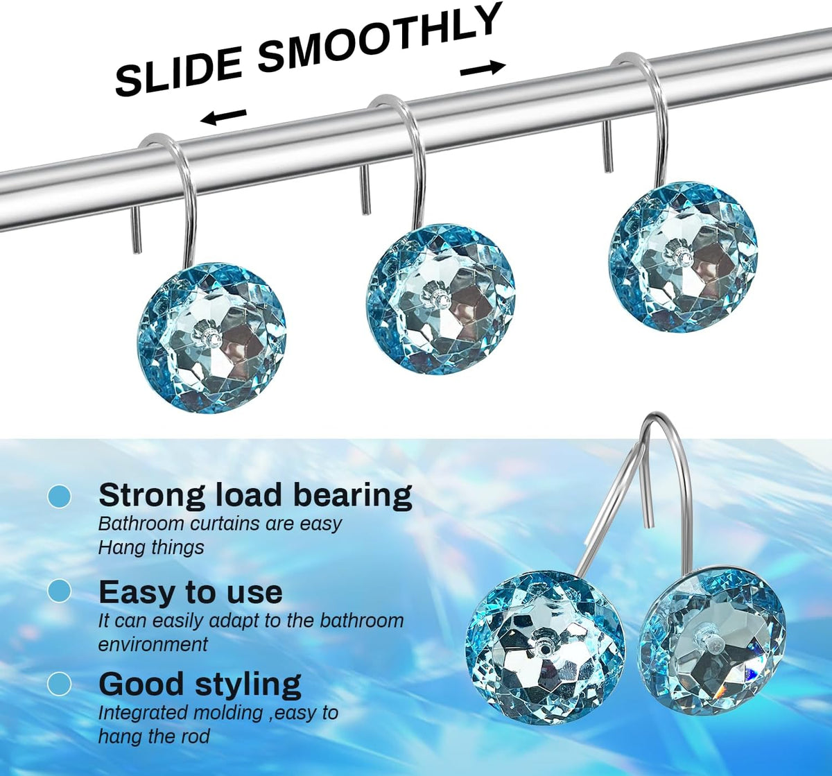 Blue Diamond Crystal Bling Shower Curtain Hooks Rings for Bathroom,12PCS