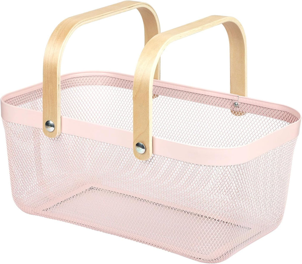 Coloful Metal Mesh Wire Basket with Foldable Wooden Handle,Bin Garden Fruit Vegetable Storage Hanging Harvest Holder for Kitchen Bathroom Picnic (Light Pink, Cuboid-15.7 x 9.5 x 7.2“)