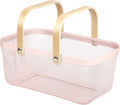 Coloful Metal Mesh Wire Basket with Foldable Wooden Handle,Bin Garden Fruit Vegetable Storage Hanging Harvest Holder for Kitchen Bathroom Picnic (Light Pink, Cuboid-15.7 x 9.5 x 7.2“)