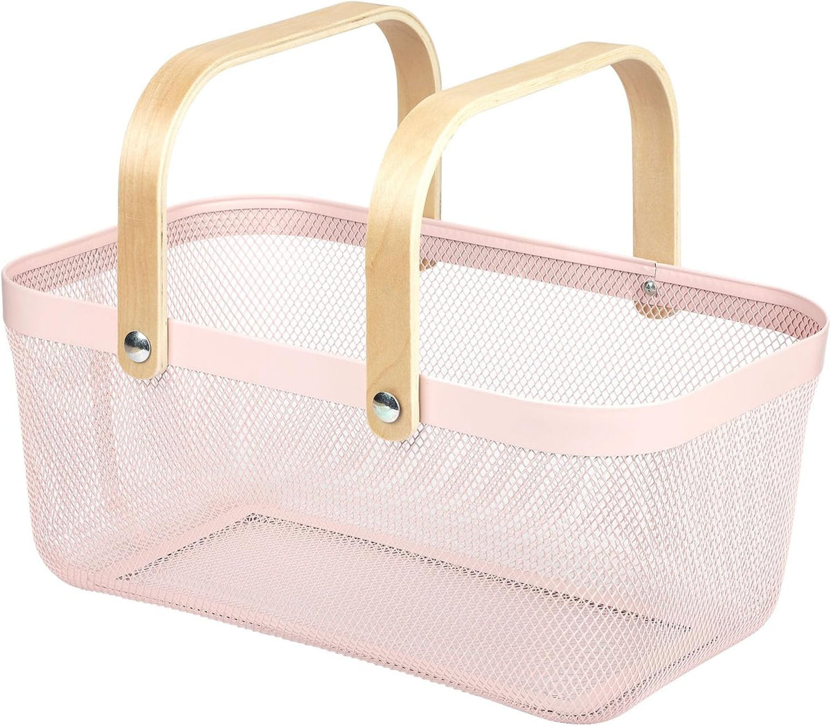Coloful Metal Mesh Wire Basket with Foldable Wooden Handle,Bin Garden Fruit Vegetable Storage Hanging Harvest Holder for Kitchen Bathroom Picnic (Light Pink, Cuboid-15.7 x 9.5 x 7.2“)