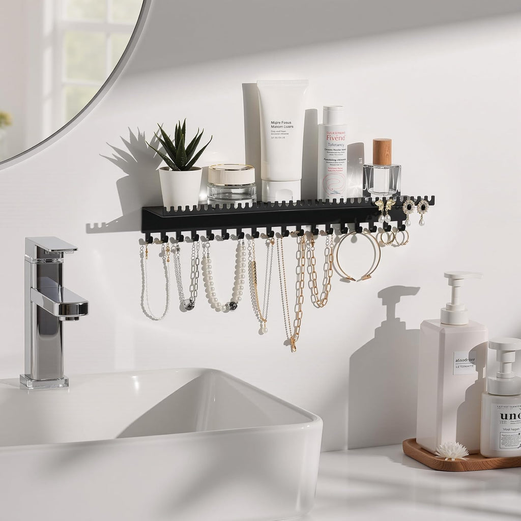 Wall Mounted Necklace Holder with Shelf, Wall Jewelry Organizer, Black