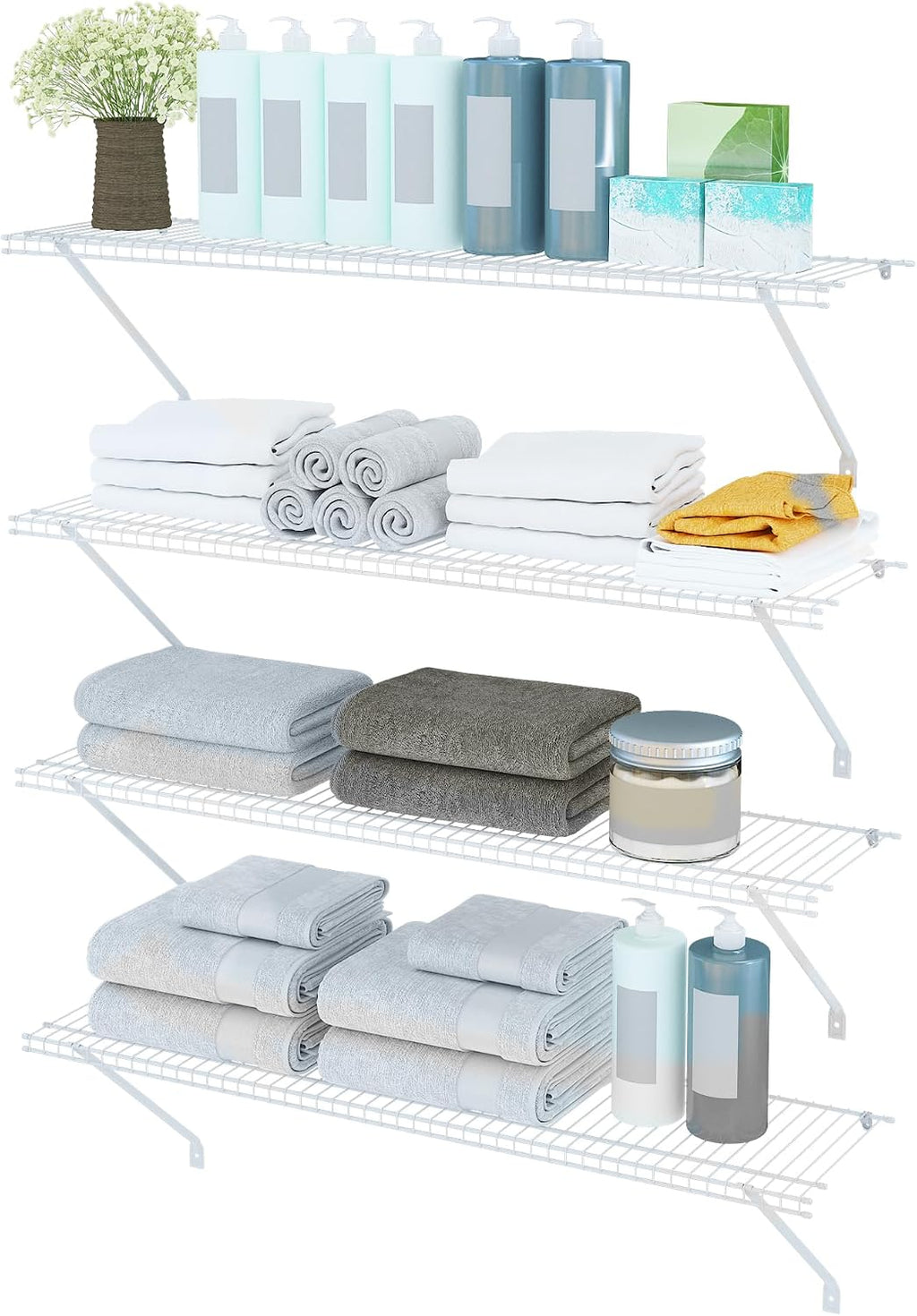 PROWORX Closet Shelves Wall Mounted, 4 Pack 4 ft x 12 in White Wire Shelving Kit, Metal Wall Shelf Organizer for Home, Pantry, Laundry Room Storage