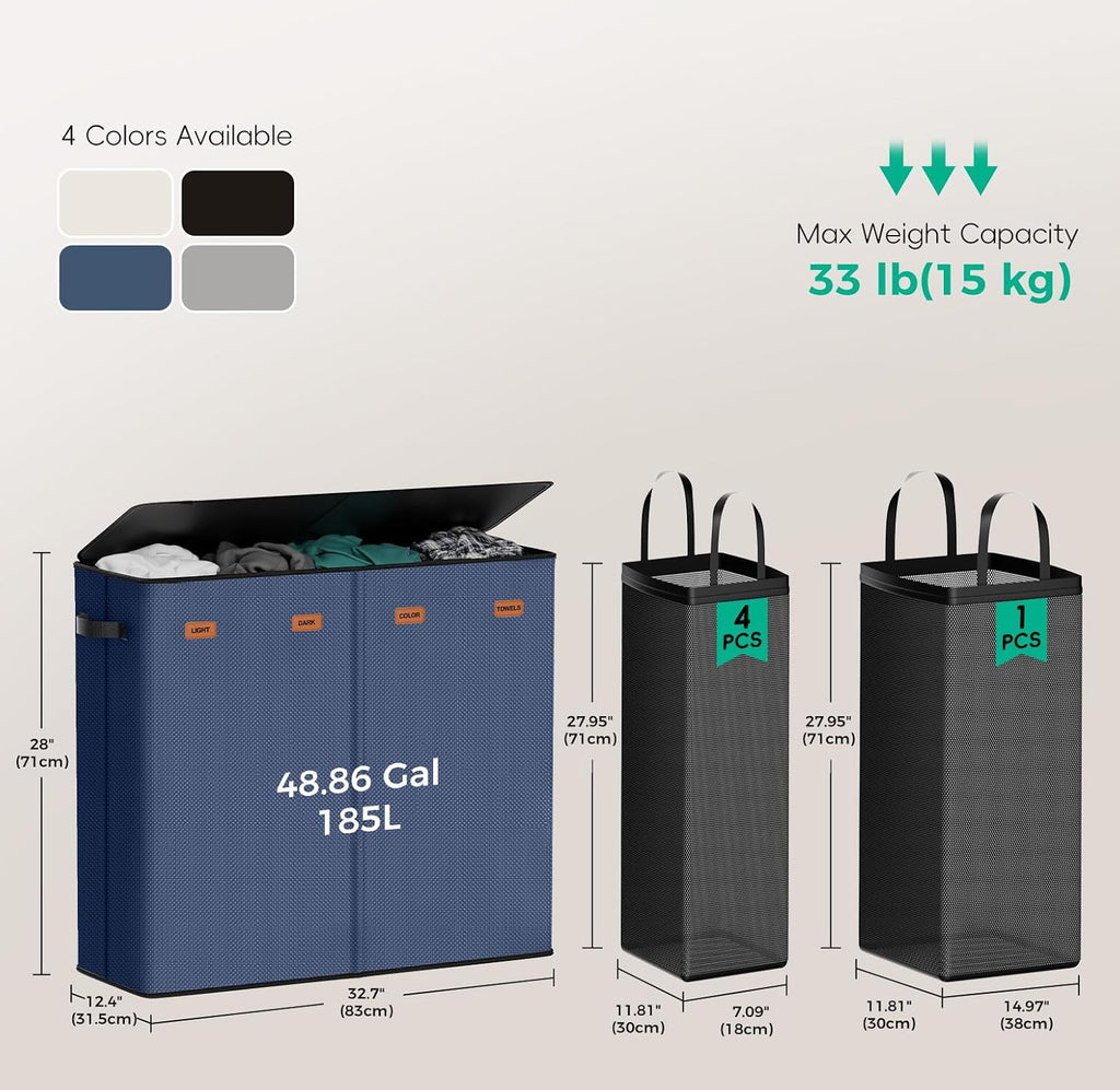 185L Laundry Hamper 4 Section with Lid & Removable Bags | Collapsible laundry basket organizer for laundry room, bedroom & dorm with 5 removable washing bags