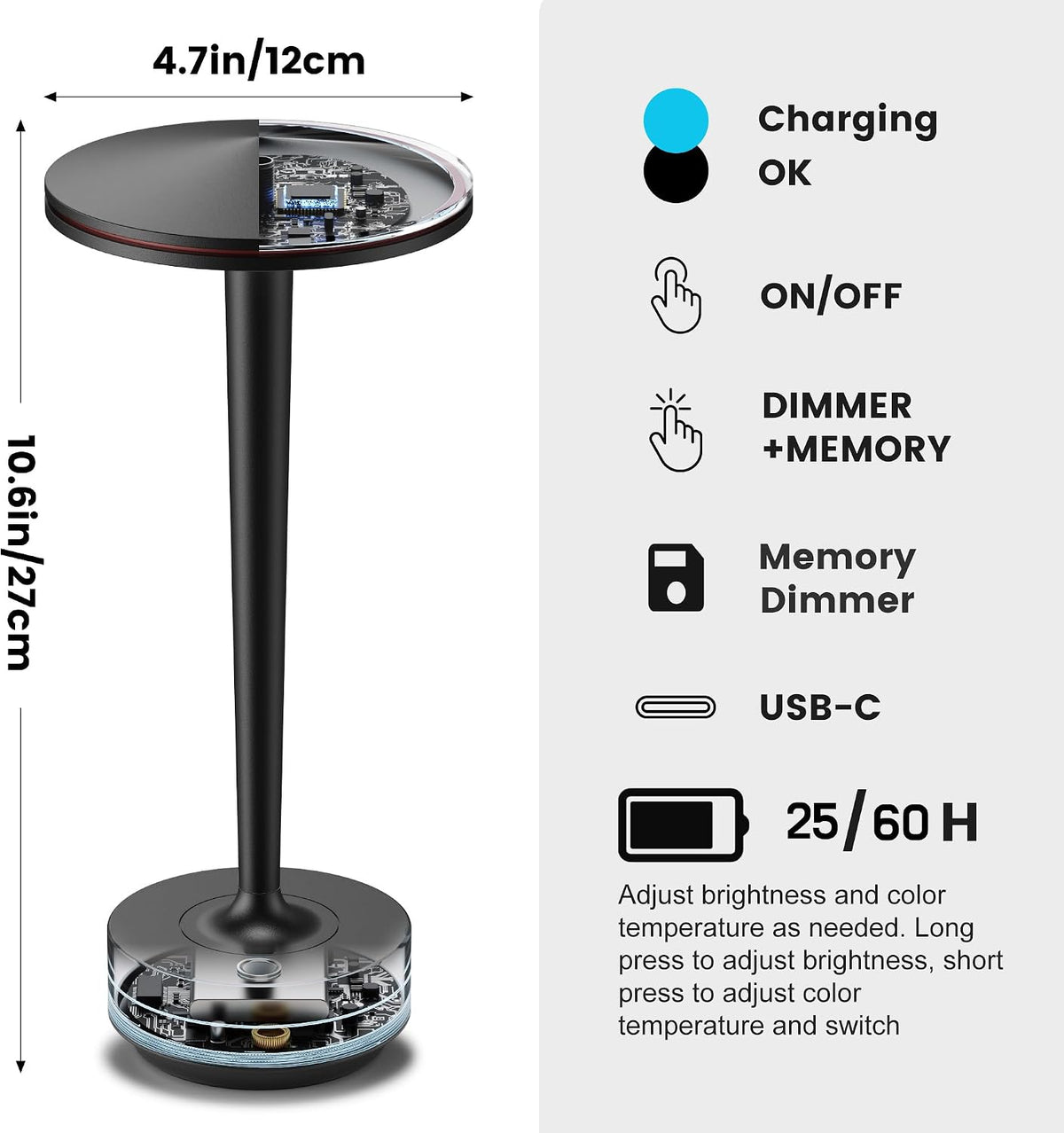 Cordless Rechargeable LED Table Lamp Set of 2 Black