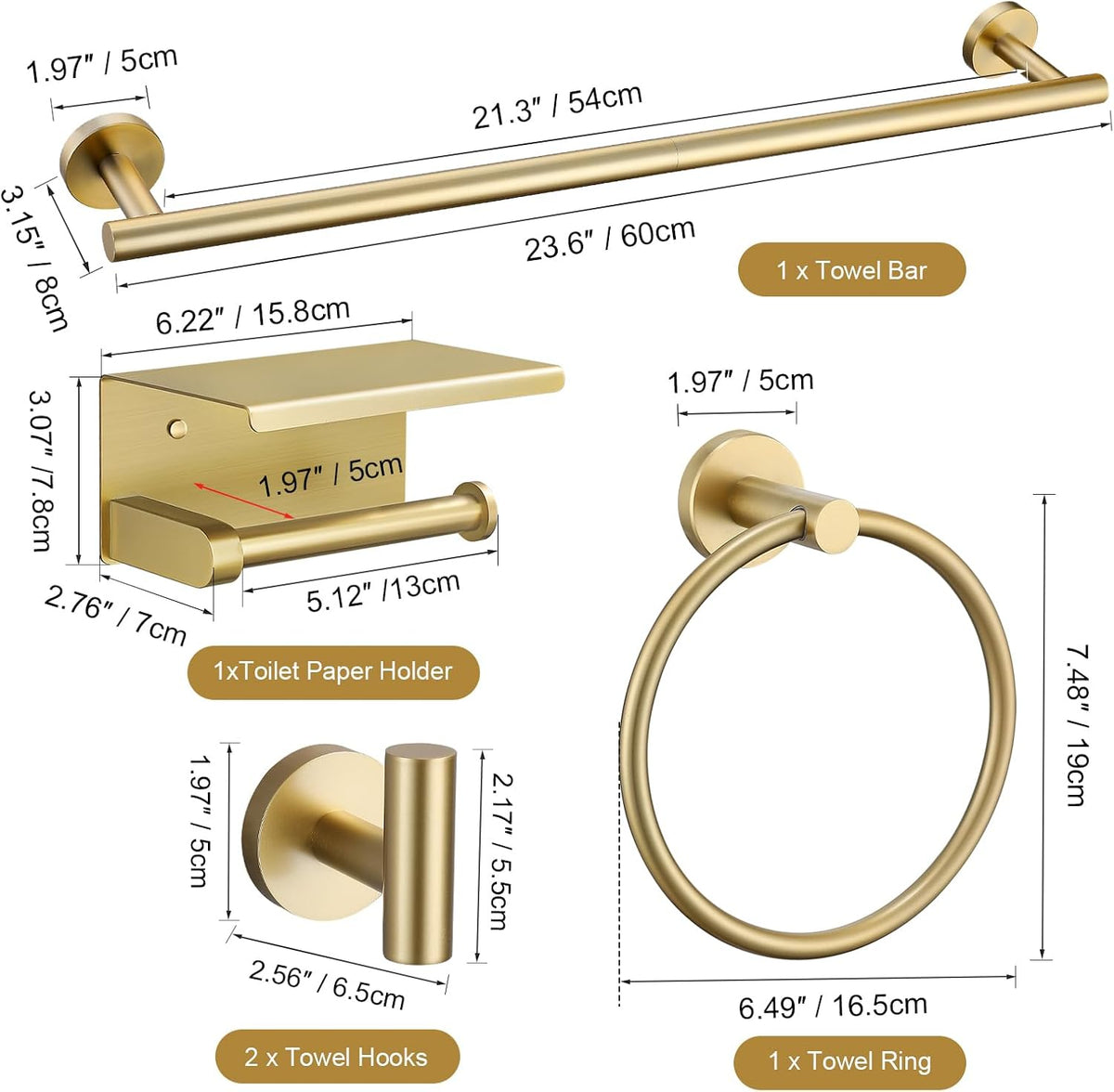 TURS Brushed Gold 5-Piece Bathroom Hardware Set Towel Bar Set SUS304 Stainless Steel Towel Racks for Bathroom Wall Mounted, 23.6-Inch
