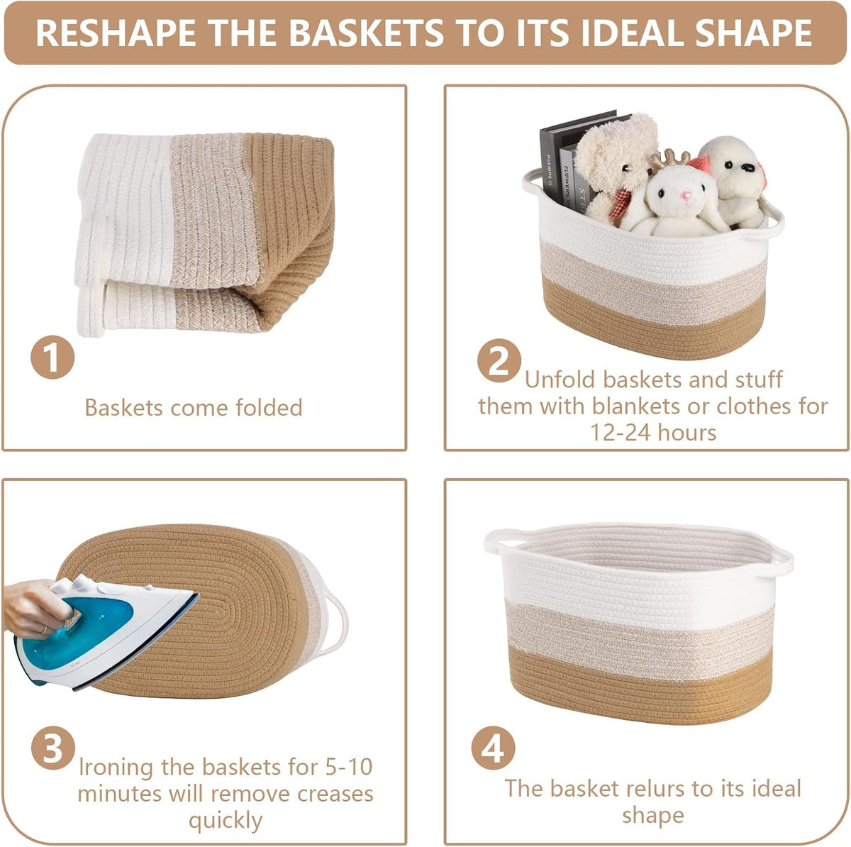 Cotton Rope Braid Storage Basket for Baby Carrier Toy Storage Bag Gift Basket for Kids Laundry Basket Baby Blanket Storage Measures 15x10x10 inches. (Khaki White)