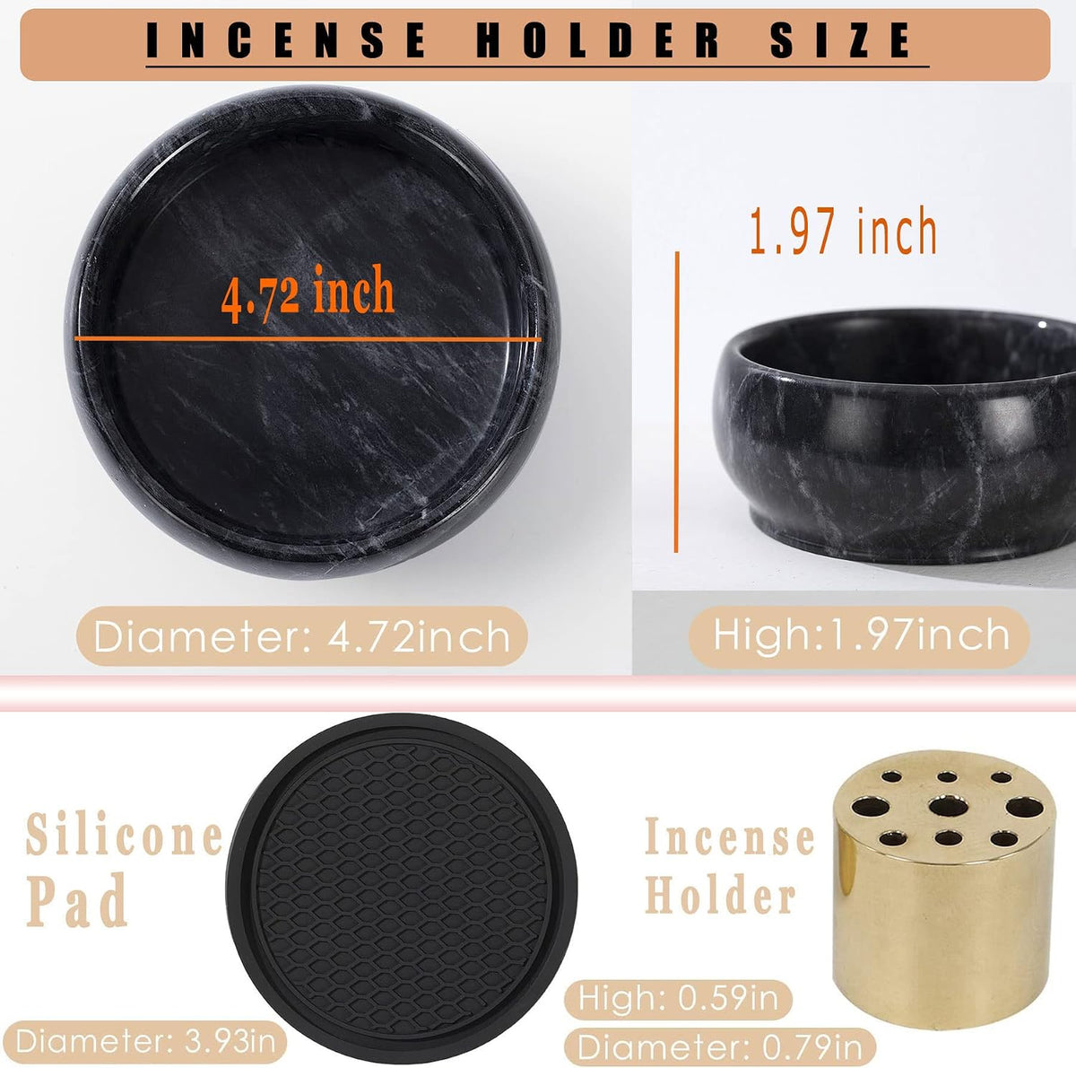 Incense Holder, Incense Burner ash Catcher with Brass 9 Holes Incense Stick Holder for Home Decor Yoga Spa Madiation (Natural Black Marble) Birthday Gifts for Women