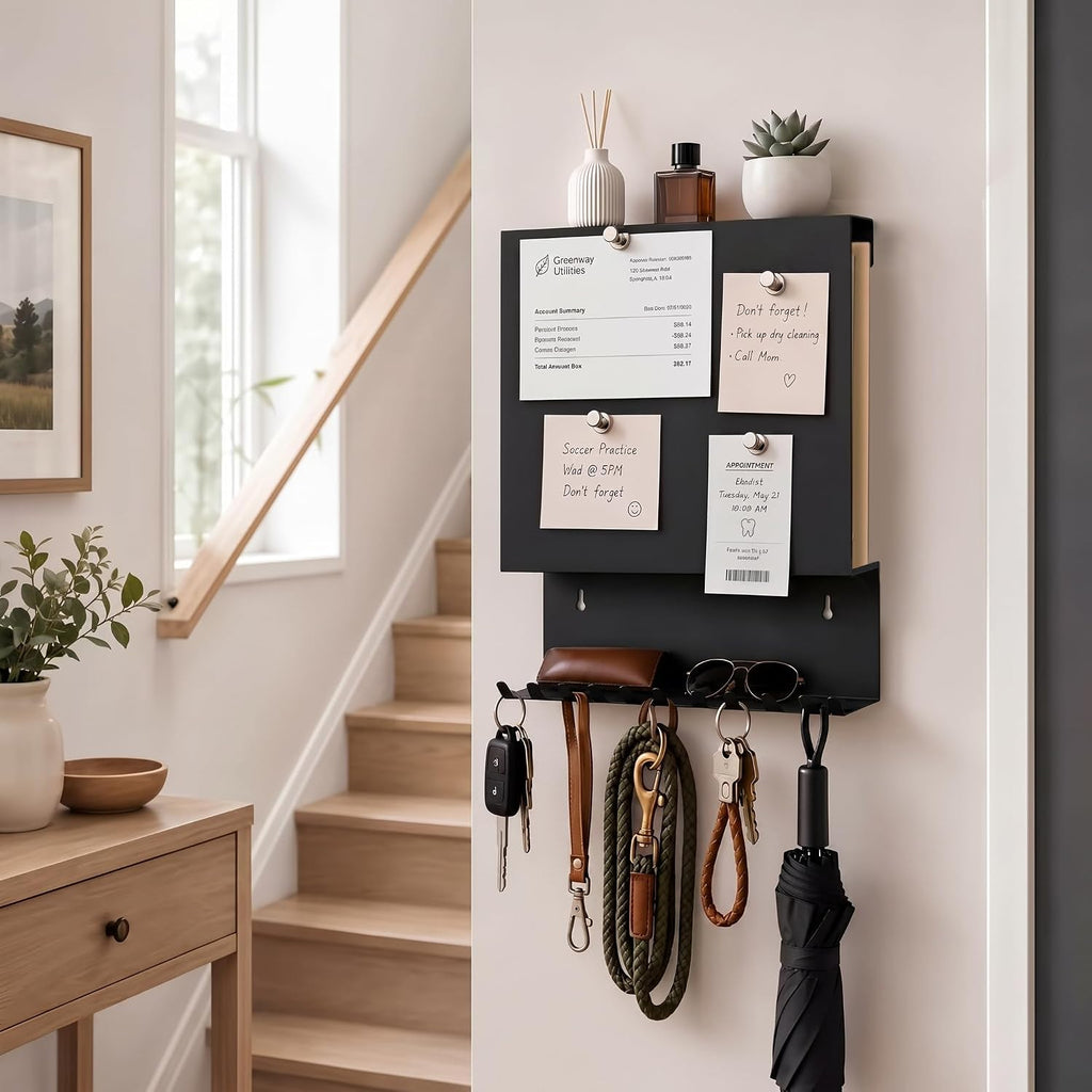 Key Holder Wall Mount,Mail Organizer with Hidden Storage,Minimalist Black