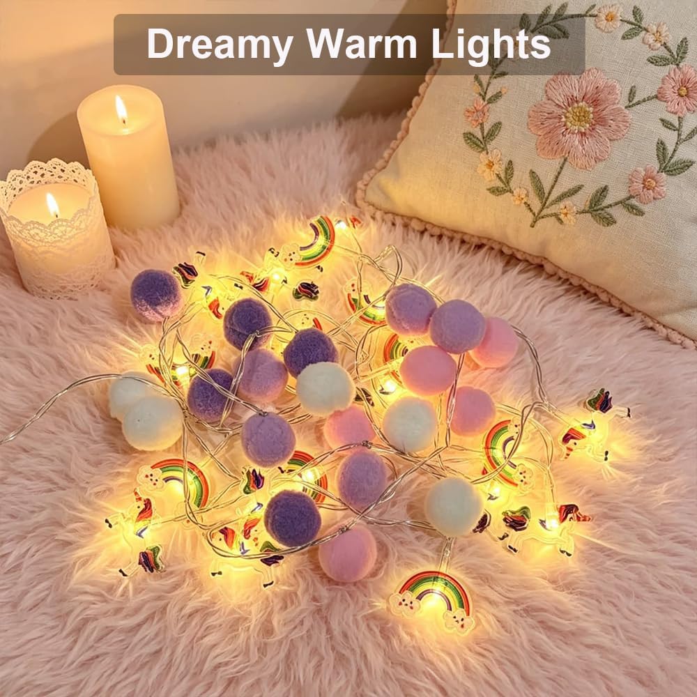 ChiRee Purple Pom Poms with Unicorn and Rainbow String Lights