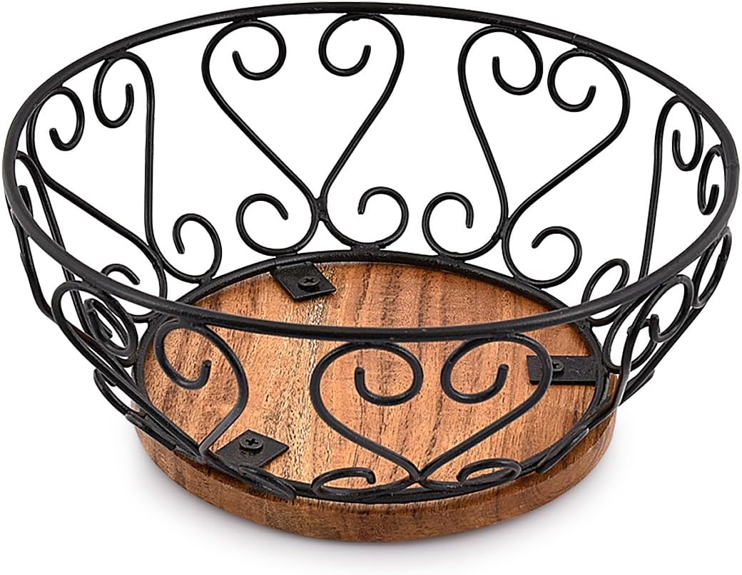 EDHAS Iron Fruit Bowl With Wooden Base for Kitchen Countertop & Dining Room and Pantries (9" x 9" x 4")