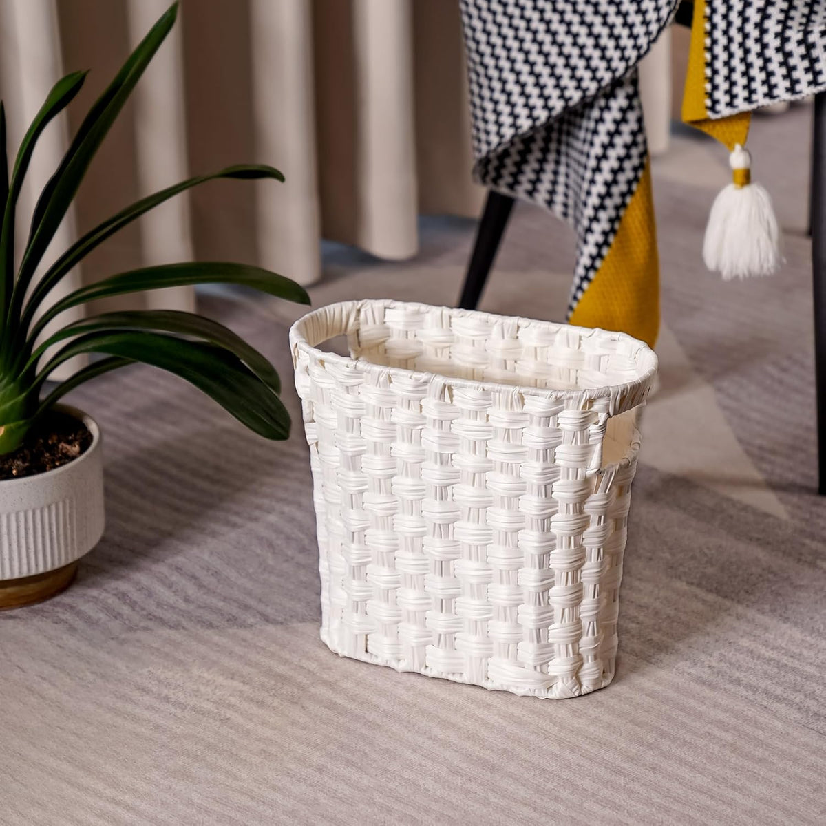 Wicker Waste Basket with Built-in Handles, Multifunctional Mini Basket for Home and Office, Compact Design and Durable Construction with Fine Artisanal Craftsmanship (White)